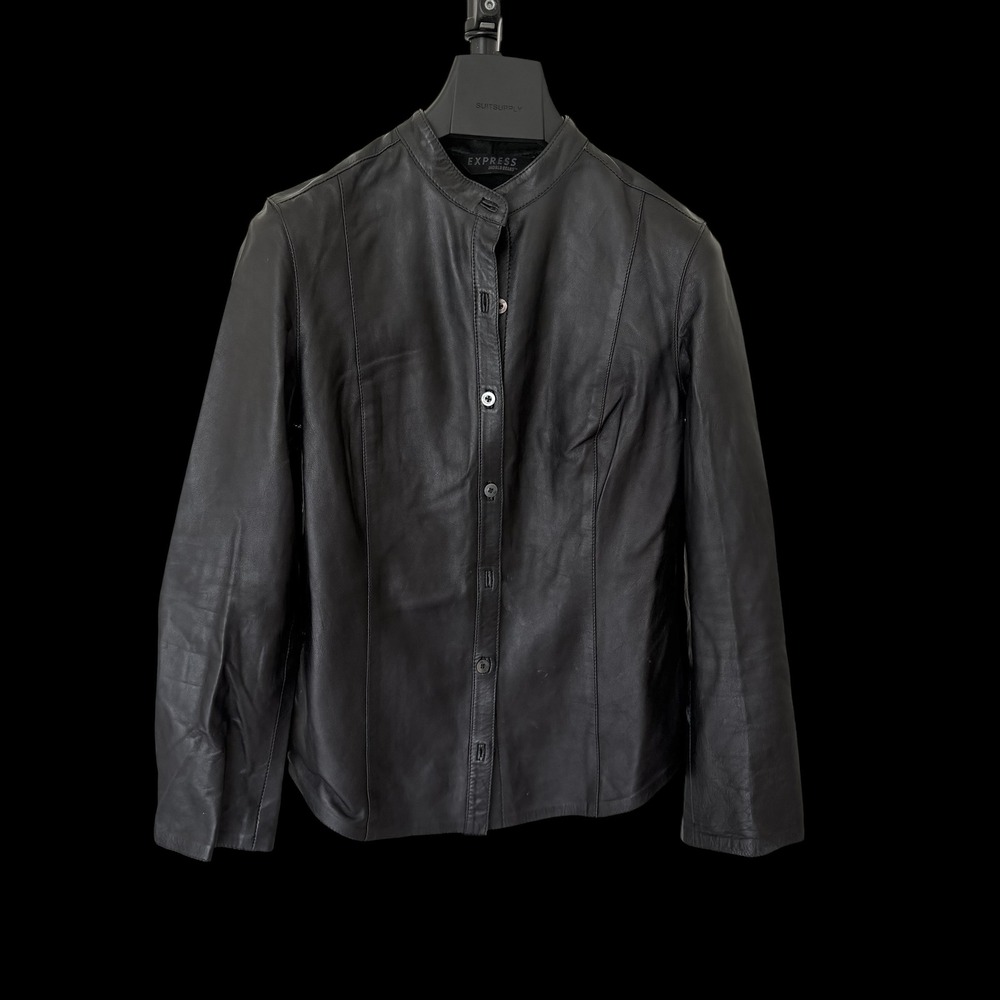 90's Express Black Lambskin Italian Leather Jacket Mandarin Collar 5/6